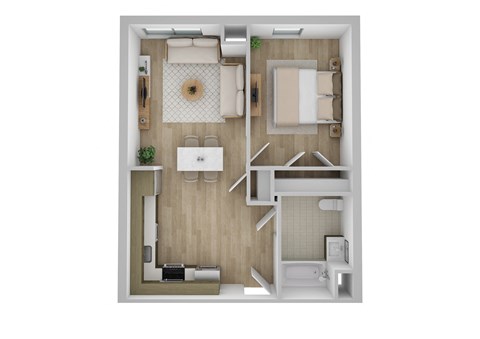 Floor plan for 1 bed, 1 bath, 631 sqft